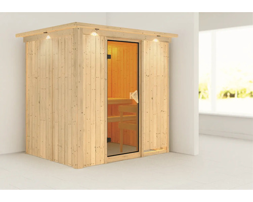 Houten sauna met glazen deur en interieurverlichting
