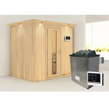 Houten sauna met stenen en bedieningspaneel