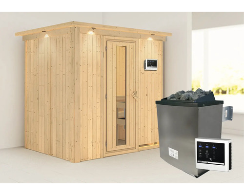 Houten sauna met stenen en bedieningspaneel