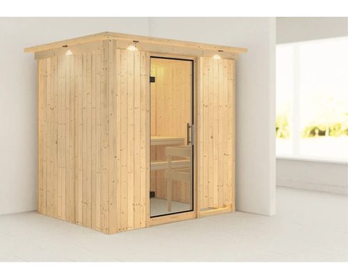 Houten sauna met glazen deur en binnenverlichting