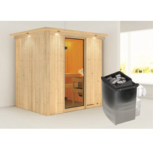 Houten sauna met glazen deur en saunakachel met stenen