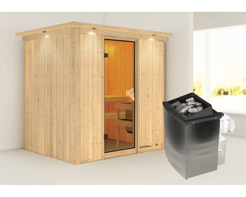 Houten sauna met glazen deur en saunakachel met stenen