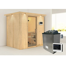 Houten sauna met glazen deur en saunakachel met stenen en besturingseenheid