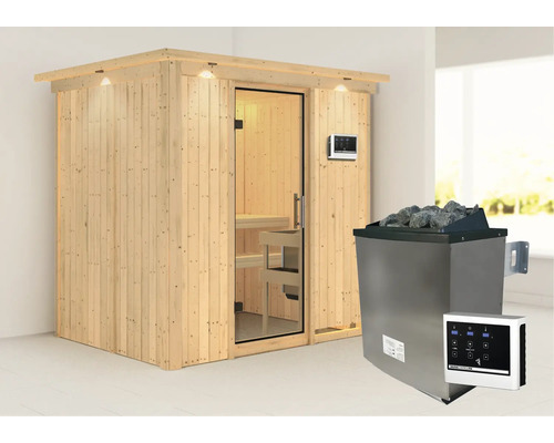 Houten sauna met glazen deur en saunakachel met stenen en besturingseenheid