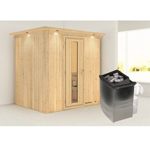 Houten sauna met glazen deur en sauna kachel met stenen