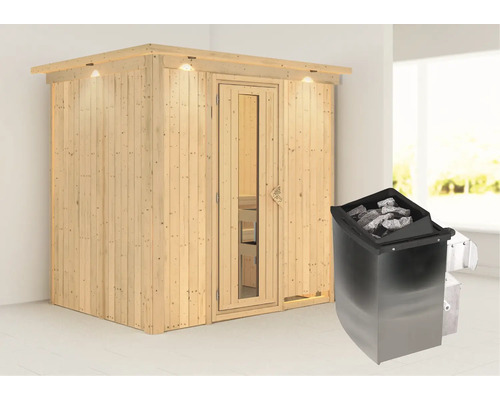 Houten sauna met glazen deur en sauna kachel met stenen