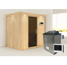 Sauna met glazen deur, bedieningspaneel en kachel met saunastenen