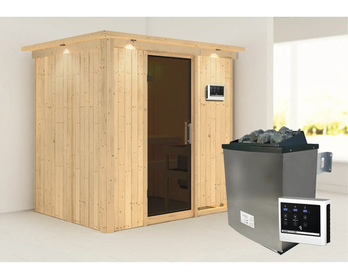 Sauna met glazen deur, bedieningspaneel en kachel met saunastenen