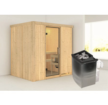 Houten sauna met glazen deur en saunakachel