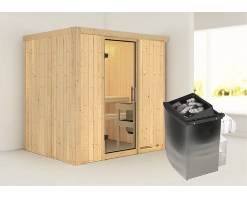 Houten sauna met glazen deur en saunakachel