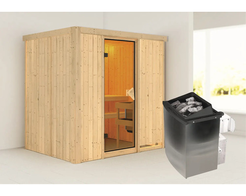 Houten sauna met saunakachel en saunastenen