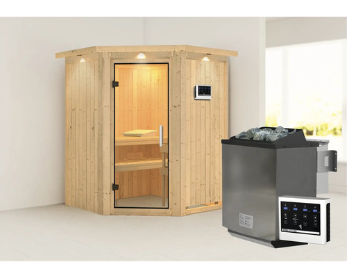 Hoeksauna met saunakachel en saunabesturing