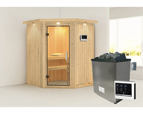 Houten hoeksauna met saunakachel en bediening