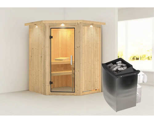 Houten sauna met saunakachel en saunastenen