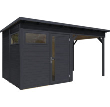 Houten tuinhuis met raam en overkapping