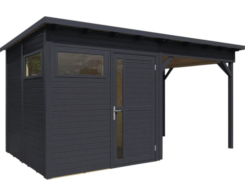 Houten tuinhuis met raam en overkapping