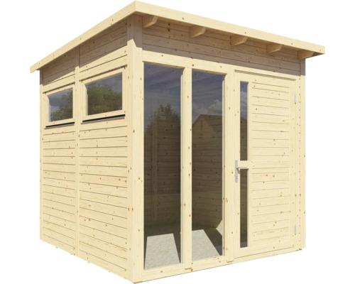 Houten tuinhuis met ramen en deur