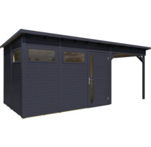 Houten tuinhuis met ramen, deur en afdak