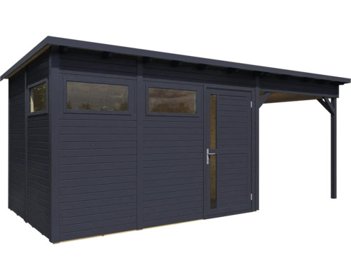 Houten tuinhuis met ramen, deur en afdak