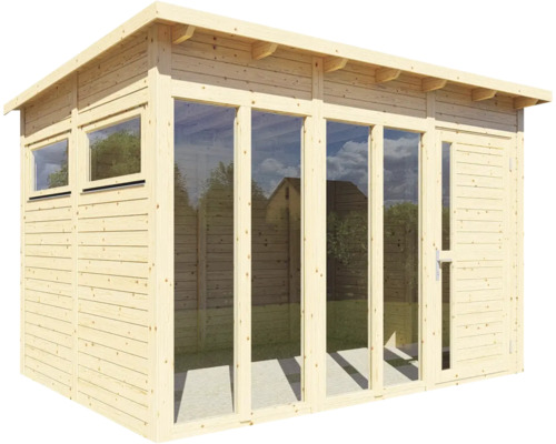 Houten tuinhuis met ramen en deur