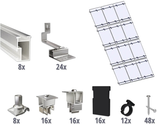 GEMS Montageset voor 12 modules (3x4) op schuin dak/ pannendak incl. 8x montagerail 3650 mm Componenten voor de installatie van een fotovoltaïsch systeem, bestaande uit rails, beugels en bevestigingsmiddelen