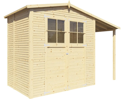 Houten tuinhuis met dubbele deur en luifel