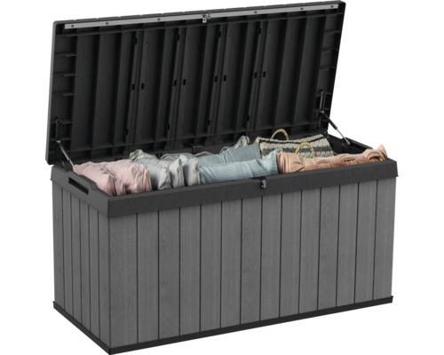 Geopende tuinbox met opbergruimte voor tuingereedschap en kussens