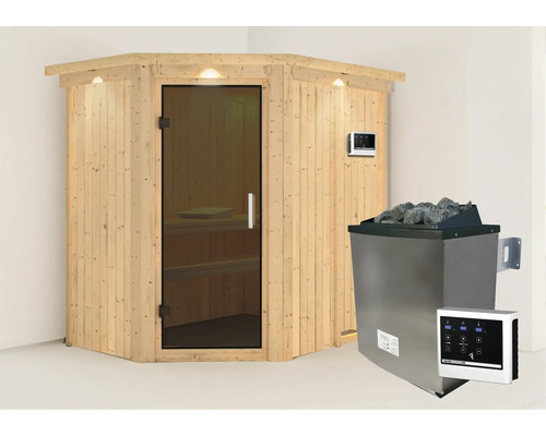 Hoeksauna met glazen deur en saunakachel met stenen