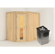 Hoeksauna van hout met saunakachel