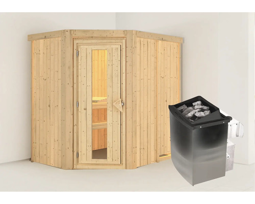 Hoeksauna van hout met saunakachel