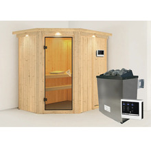 Houten sauna met glazen deur, saunakachel en bedieningselement
