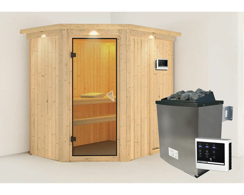 Houten sauna met glazen deur, saunakachel en bedieningselement