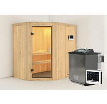 Houten sauna met glazen deur, saunakachel en bediening