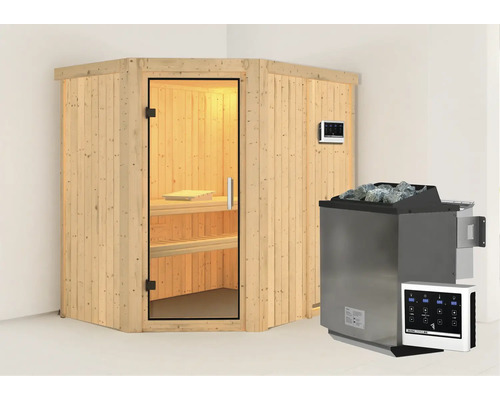 Houten sauna met glazen deur, saunakachel en bediening