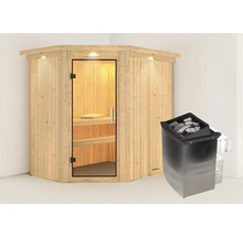 Houten hoeksauna met glazen deur en kachel
