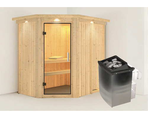 Houten hoeksauna met glazen deur en kachel