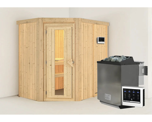 Hoeksauna met glazen deur en kachel met stenen