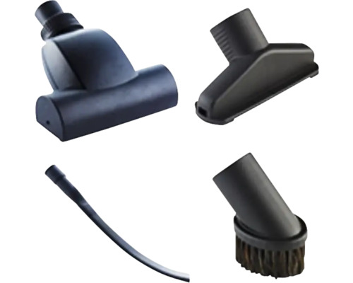 Vier verschillende stofzuigerhulpstukken voor het reinigen van vloeren en meubels