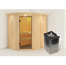 Sauna met saunaoven en glazen deur.