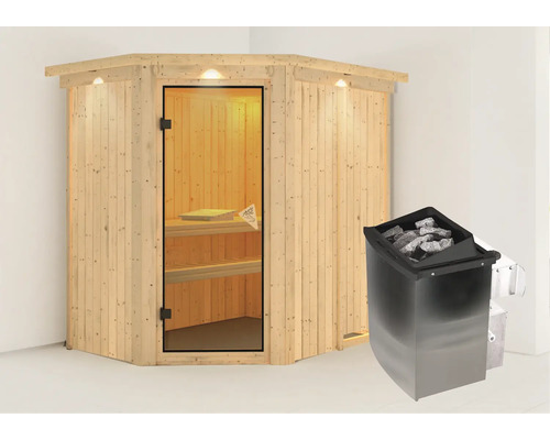 Sauna met saunaoven en glazen deur.
