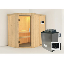 Sauna met houten bekleding, glazen deur, saunakachel en bediening