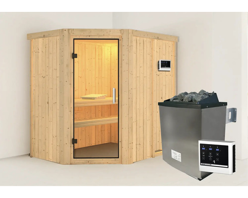 Sauna met houten bekleding, glazen deur, saunakachel en bediening