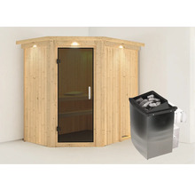 Houten sauna met glazen deur en saunakachel