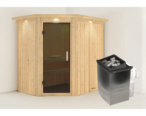 Houten sauna met glazen deur en saunakachel