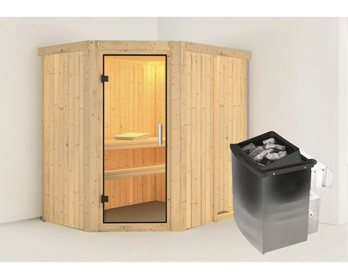 Hoeksauna met glazen deur en saunaoven met saunastenen