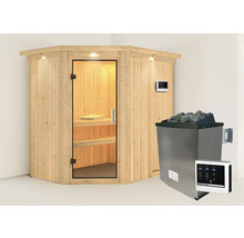Houten hoeksauna met glazen deur en sauna kachel met stenen