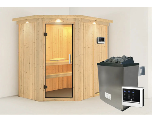 Houten hoeksauna met glazen deur en sauna kachel met stenen