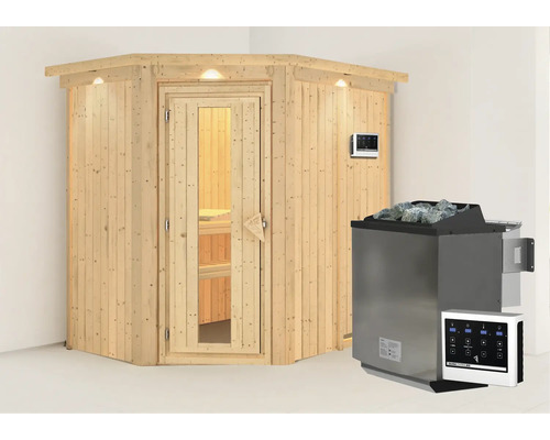 Sauna met saunakachel, saunastenen en bediening