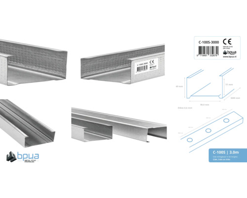 BPua C-100S-3000 metalen staanderprofiel, 3 meter lang