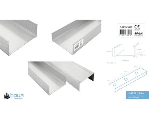 Metalen staanderprofiel C 125 S 3000 met maatvoering